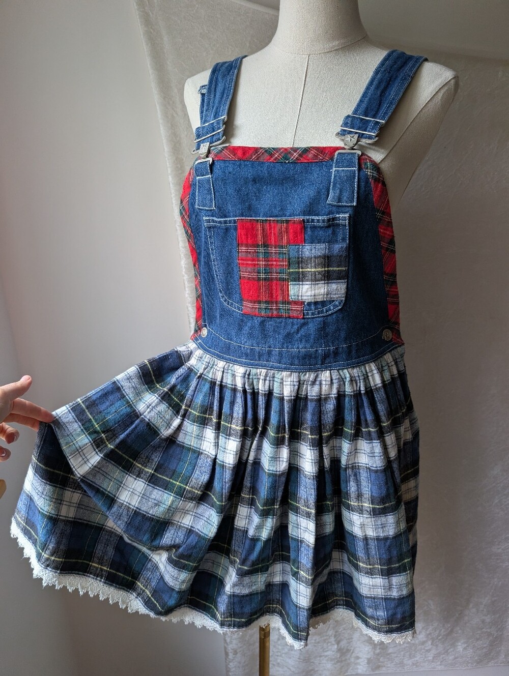 Vtg True blue Overalls Dress Plaid Patchwork Red Blue White Lace Hem Y2k